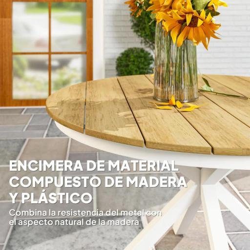 Mesa de Jardín Redonda de Ø118x74cm con Encimera de Lamas Estructura de Aluminio y Patas Cruzadas Teca y Blanco [2]