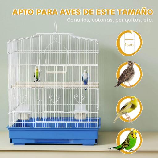 Jaula para Pájaros Pajarera de Acero con 2 Comederos 2 Perchas Columpio y Bandeja Extraíble Asa 46,5x36x59 cm Azul [5]