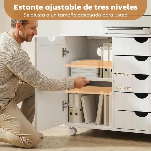 Mueble para Impresora con Estación de Carga y Ruedas 5 Cajones Puertos USB Estante Ajustable Blanco [4]