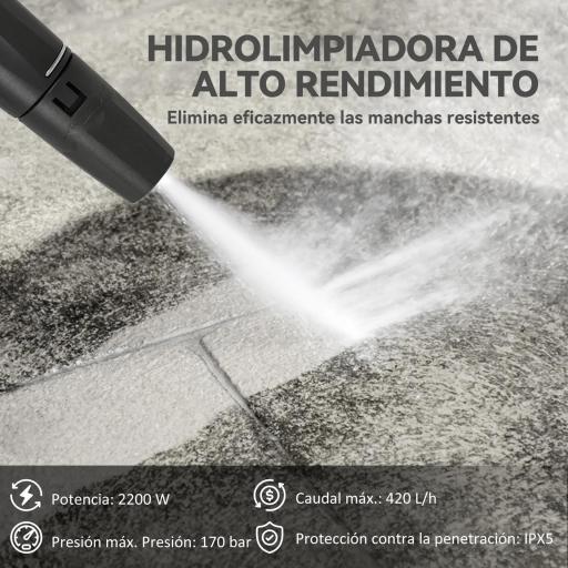 Hidrolimpiadora de Alta Presión 2200W con Accesorios Ángulo Ajustable y Parada Automática 32x32x80 cm Verde y Negro [7]
