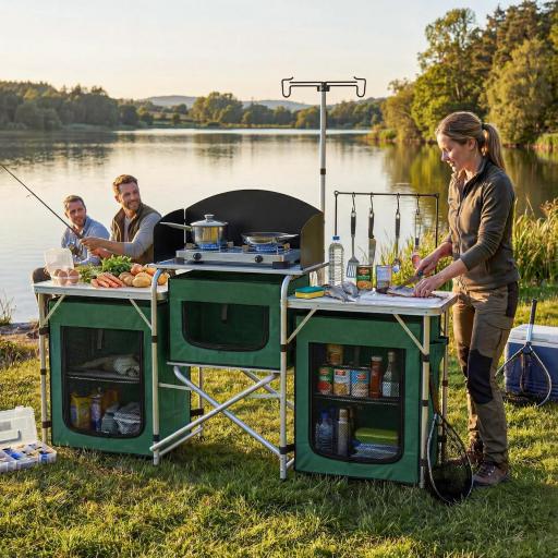 Mueble de Cocina para Camping Plegable con 3 Mesas 4 Ganchos Poste de Luz y Bolsa de Transporte 172x48x130 cm Verde [3]