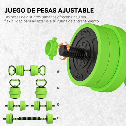 Kit de Gimnasio 4 en 1 con Barra de Pesas Mancuernas Kettlebell para Entrenamiento de Fuerza en Casa Color Verde y Negro [5]