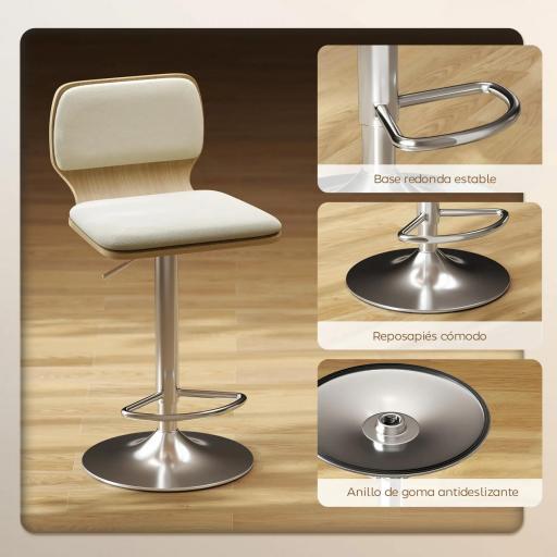 Juego de 2 Taburetes Altos de Cocina Giratorios en 360° Regulables en Altura de 81-102 cm Tapizados en Lino Beige [5]