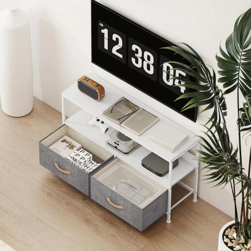 Mueble de TV con Estante y 2 Cajones de Tela Plegables para Televisores hasta 47 Pulgadas Largo de 98 cm Blanco y Gris [2]
