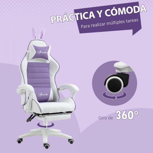 Silla Gaming de Cuero Sintético Reclinable 135° Reposacabezas Soporte Lumbar y Reposapiés 65x63x136-142 cm Púrpura [4]
