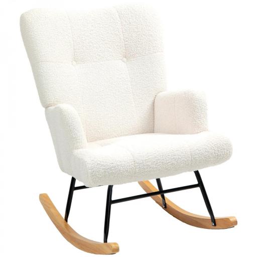 Silla Mecedora de Borreguito con Respaldo Capitoné y Base de Madera de Caucho para Salón o Dormitorio 65x88x87 cm Crema [8]