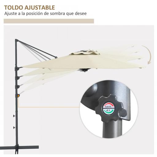 Sombrilla de Jardín Ajustable Ø294x242 cm con Poste Giratorio 360° Ángulo de Techo Ajustable y Ventilación Crema [4]