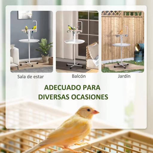 Comedero para Pájaros de Pie Ø60x138 cm con 4 Ruedas 2 Cuenco de Acero Inoxidable y 2 Perchas Blanco [6]