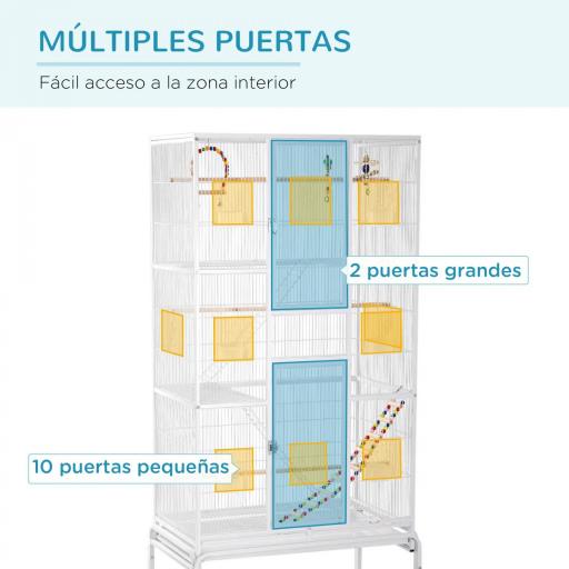 Jaula para Pájaros con Ruedas con Comederos Perchas Columpio Estante y Bandeja Extraíble 83x53x180 cm Blanco [2]