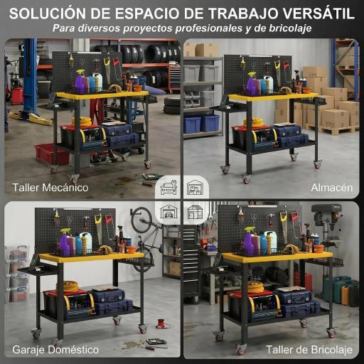 Banco de Trabajo con Panel Perforado Mesa de Trabajo con Enchufes Luz LED Ruedas Marco de Metal Negro y Amarillo [9]