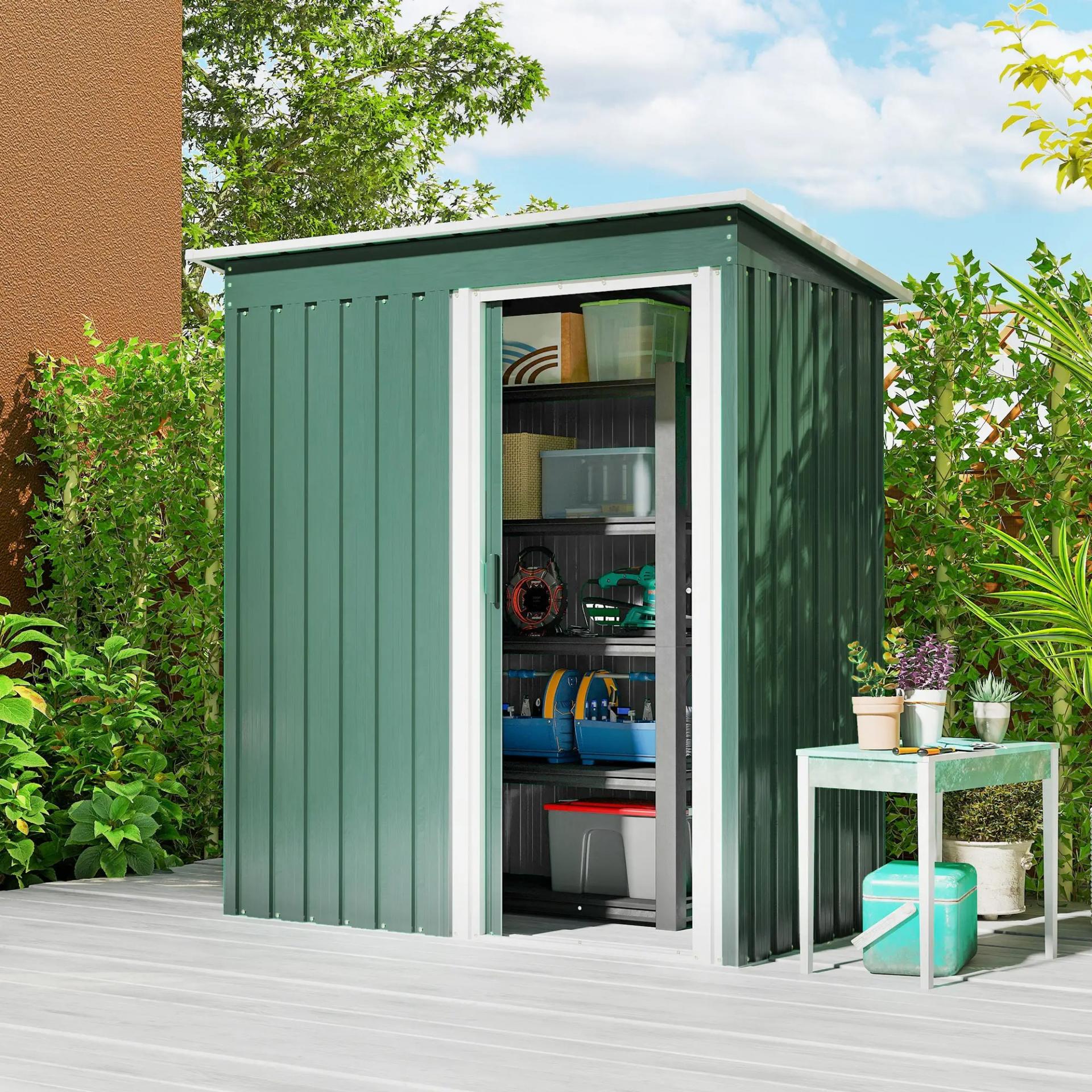 Cobertizo de Jardín Exterior 1,16 m² 163x89x182 cm Caseta Metálica con Puerta Corredera y Techo Inclinado Verde