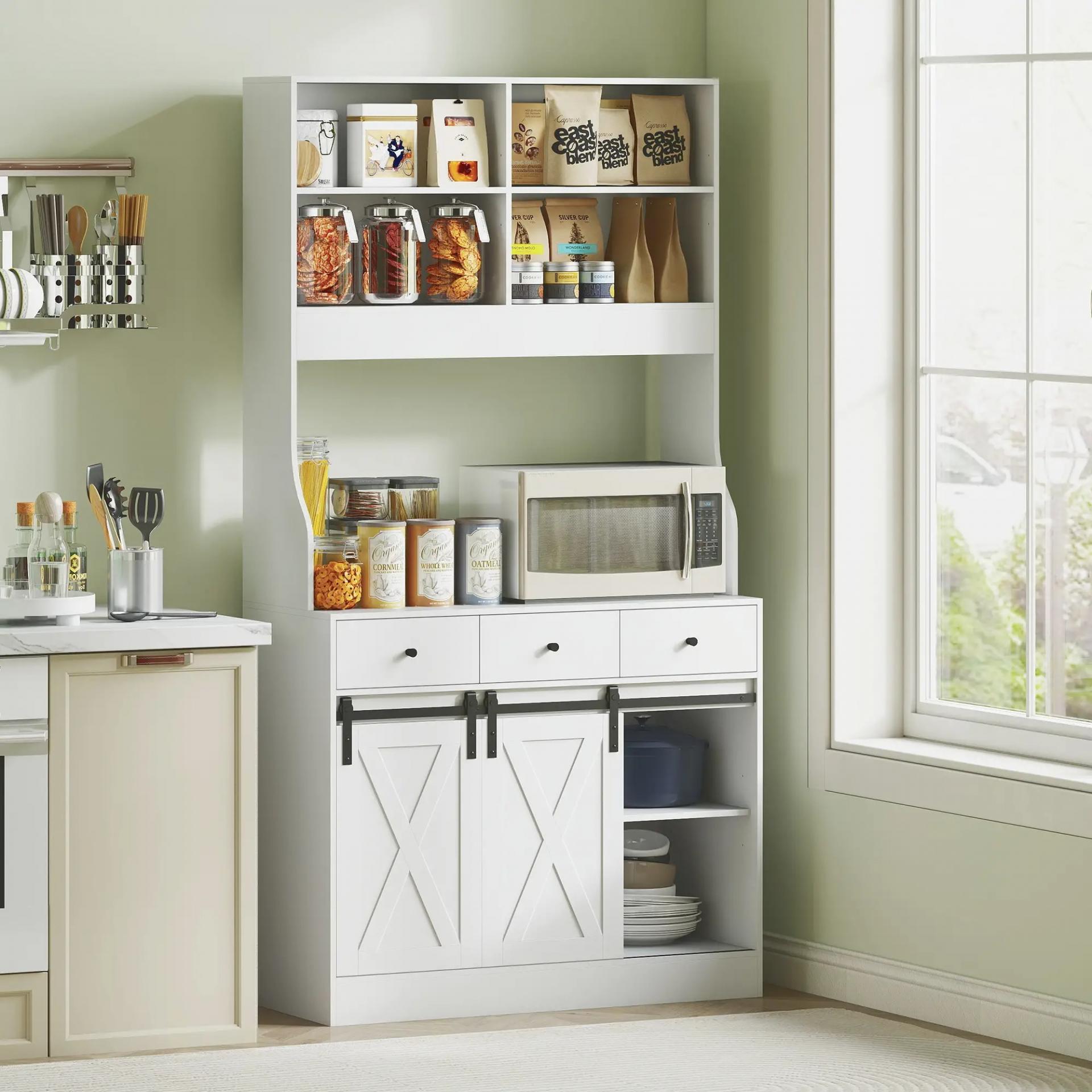 Alacena de Cocina con 2 Puertas Corredizas 3 Cajones Encimera para Microondas y Estantes Ajustables Blanco 93,5x40x180cm
