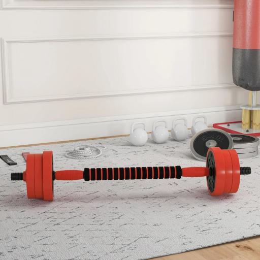 Kit de Gimnasio 4 en 1 con Barra de Pesas Mancuernas Kettlebell para Entrenamiento de Fuerza en Casa Color Rojo y Negro