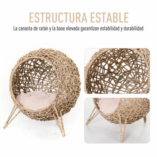 Cama Cueva de Ratán para Gatos o Mascotas Pequeña con Base Trípode Cojín de Felpa y Algodón Suave Diseño Elevado Estable Φ52x58 cm Madera Natural [1]