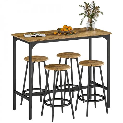 Set de Mesa Bar y 4 Taburetes Muebles Altos con Mesa de 110x50x89,5 cm y Taburetes de Ø30x60,5 cm Negro y Madera [3]