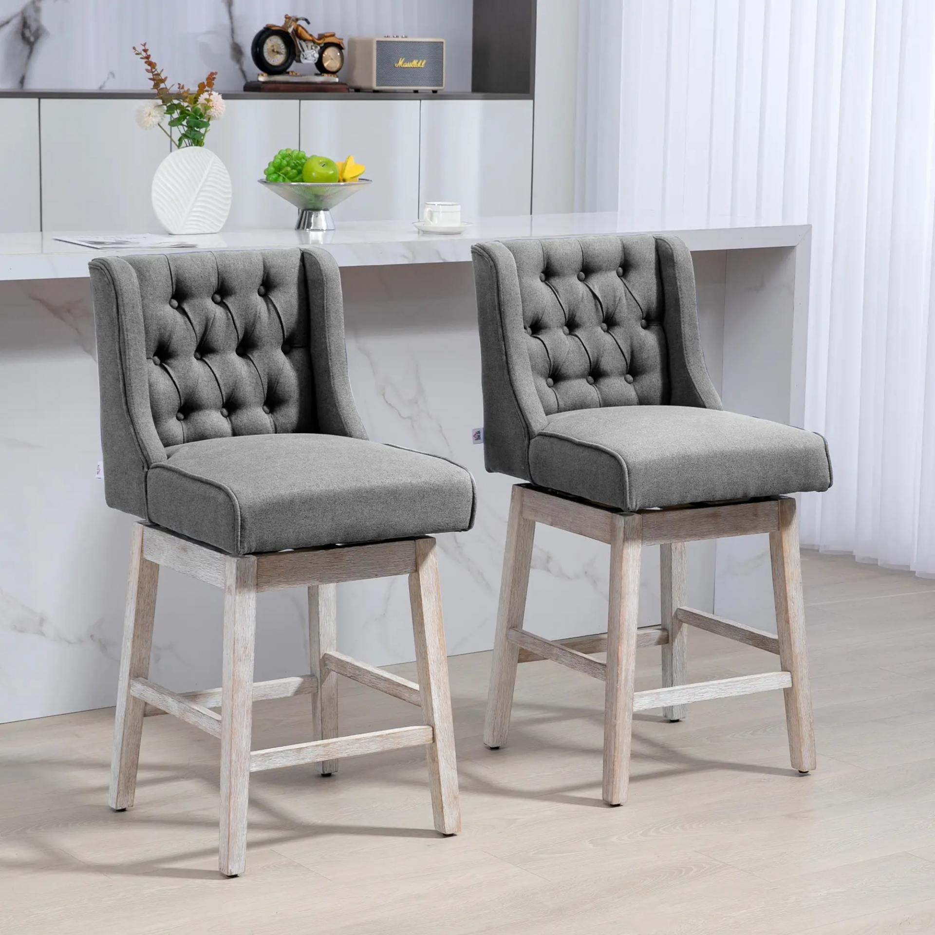 Juego de 2 Taburetes de Bar con Respaldo Taburetes Altos de Cocina Giratorios 180° Patas de Madera 46x57x101 cm Gris