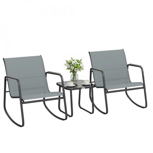 Conjunto de Jardín de 3 Piezas con 2 Sillas Mecedoras Mesa con Encimera de Vidrio y Estructura de Acero para Patio Gris [9]
