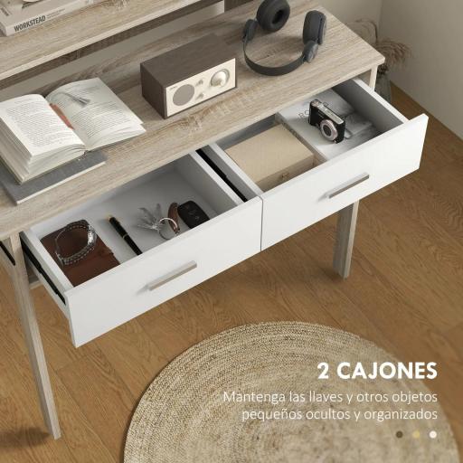 Mesa Consola Escritorio Extensible de 2 Niveles con Rieles Deslizantes 2 Cajones y 2 Ruedas 95x35x87 cm Roble [4]