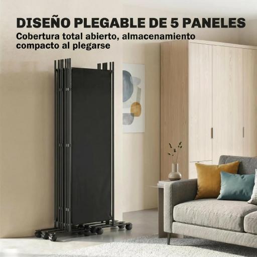 Biombo Plegable de 5 Paneles con 12 Ruedas 252x170 cm Biombo Separador de Ambientes Modulable Negro [2]