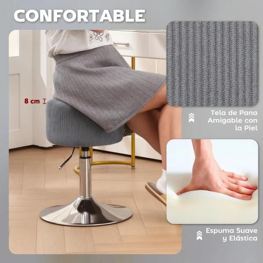 Taburete de Cocina Regulable en Altura 52-66 cm Tapizado en Pana Giratorio en 360° Gris [7]