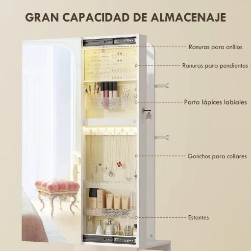 Espejo Joyero con Luces LED Armario para Joyas de Giro de 360° Cerradura y Llaves Superficie Blanco y Forro Beige [4]
