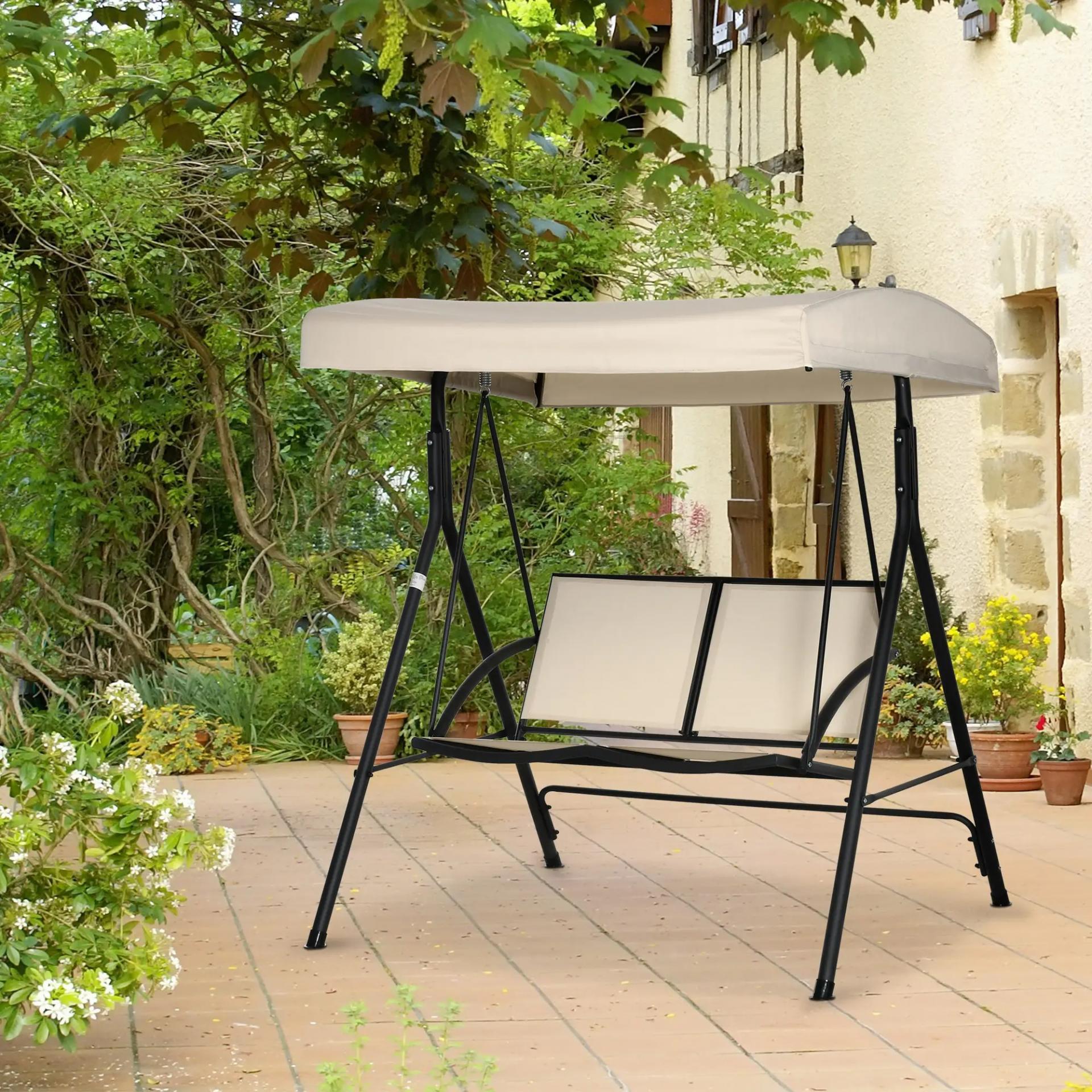 Columpio de Jardín Exterior de 2 Plazas Techo Ajustable y Marco de Acero Asientos de Textilene 140x118x162 cm Beige