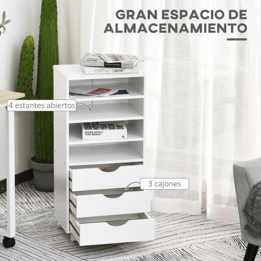 Cajonera de Oficina con 3 Cajones y 4 Estantes Abiertos Cajonera Escritorio con Ruedas para Oficina 38x40x86,8 cm Blanco [2]
