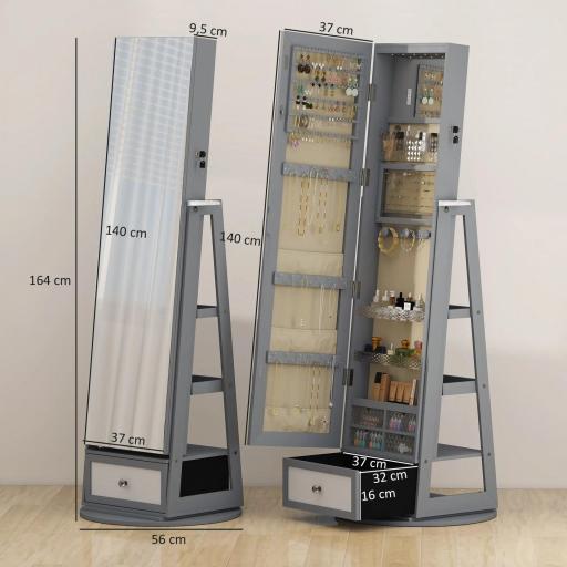 Espejo Joyero con Luces LED Armario Joyero con Espejo Entero Giratorio de 360° Cajón Cerradura Gris Claro [1]