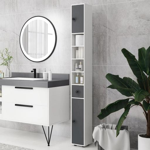 Columna de Baño con 1 Cajón 5 Estantes y 2 Puertas para Salón Dormitorio Carga 30 kg 20x20x180 cm Gris [3]