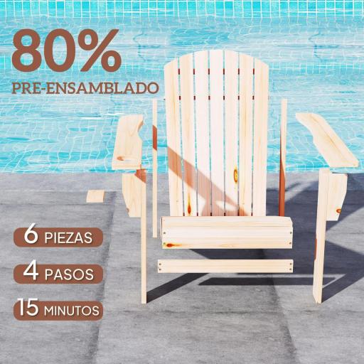 Silla Adirondack de Madera con Reposabrazos y Respaldo Alto para Terraza Balcón Exterior 72x95x93 cm Natural [3]