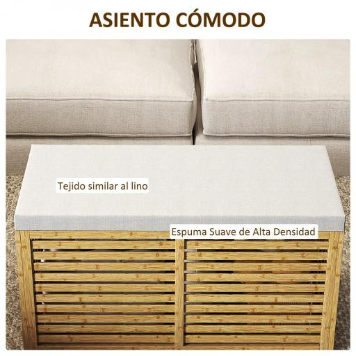 Baúl de Almacenaje 122L Tapizado en Lino Sintético con Cojín Marco de Bambú 90x42x43 cm Gris y Natural [5]