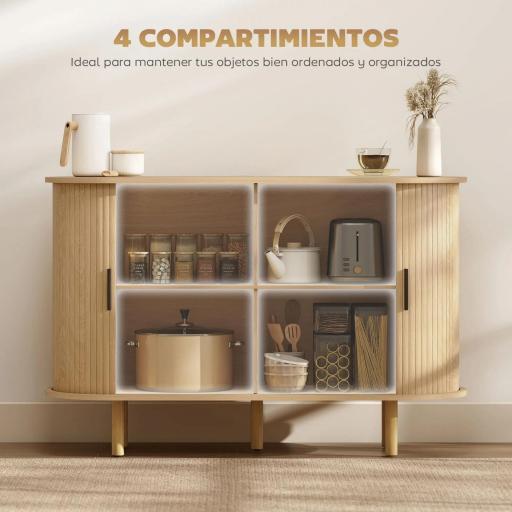 Aparador con Puertas Tambour Deslizantes 4 Compartimentos y Patas de Madera 120x40x78 cm Roble [5]
