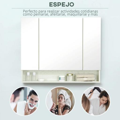 Armario de Baño con Espejo 3 Puertas Estante Ajustable y Compartimento 90x15x75 cm Blanco [9]