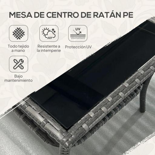 Mesa de Jardín de Ratán PE Cuadrada 50x50x45 cm con Estante Encimera de Cristal y Marco de Acero Carga 30 kg Gris [4]
