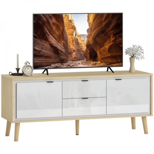 Mueble de TV Moderno de 2 Puertas 2 Cajones Orificios y Estantes Extraíbles 120x35x50 cm Blanco Brillo y Roble [9]
