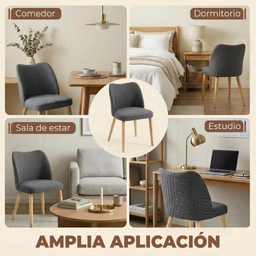 Pack de 2 Sillas de Cocina Nórdicas Tapizadas de Lino Respaldo Curvo Asiento Acolchado Patas de Madera Gris Claro [4]