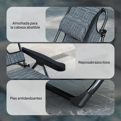 Tumbona de Jardín Plegable con Respaldo Ajustable en 4 Niveles Orificio de Lectura y Reposacabezas 145x72x89 cm Gris [6]