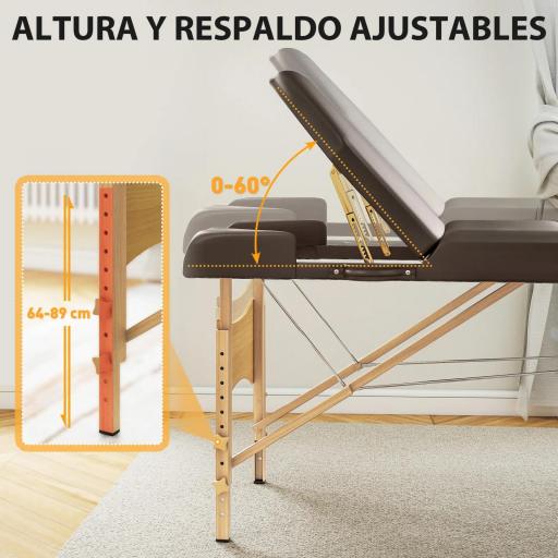Camilla Masaje Plegable de Madera de 3 Zonas con Altura Respaldo Reposacabezas Ajustables Brazos 215x60x64-89 cm Marrón [6]
