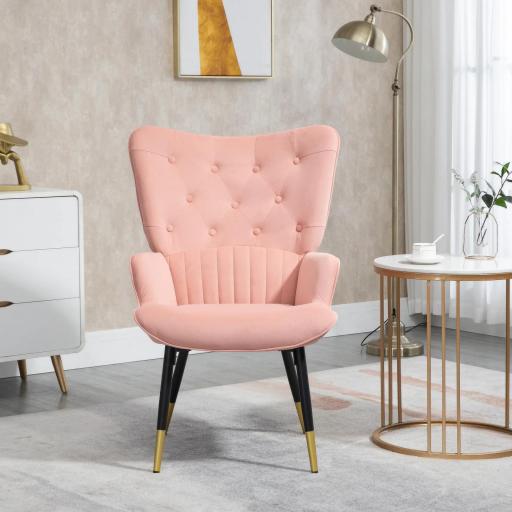 Butaca de Salón Sillón Individual Tapizado en Terciopelo con Respaldo Alto Estilo Moderno 68x72x103 cm Rosa [4]
