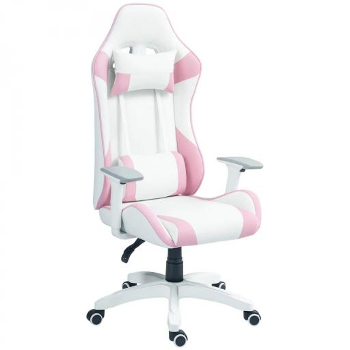 Silla Gamer con Cojín Lumbar Reposabrazos Ajustable Reposacabezas Extraíble y Altura Ajustable 67x60x120-128 cm Rosa [9]