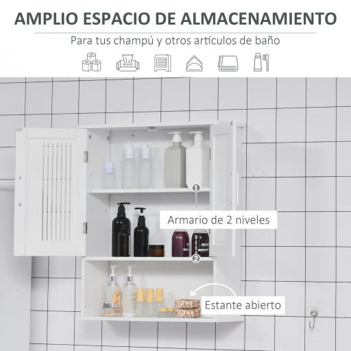 Armario de Pared para Baño Multiusos con Estante Ajustable Puertas de Listones y Compartimento 60x20x70 cm Blanco [5]