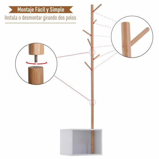 Perchero de Pie con Zapatero Colgador Tipo Árbol Moderno 6 Ganchos para Colgar Ropa Bolsa Banco con Almacenamiento Pasillo Entrada Bambú y MDF 40x30x180cm [5]