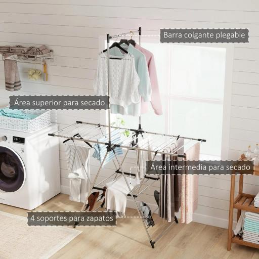 Tendedero Vertical Plegable con Alas Ajustables 4 Soportes para Calzado Barra y Estante 139x62,5x201 cm Plata [5]