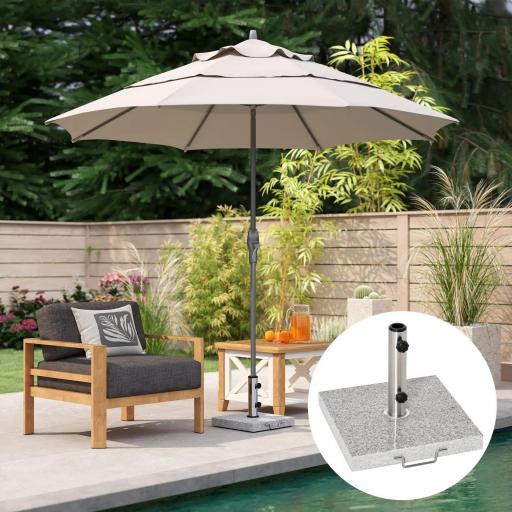 Base de Sombrilla Exterior Universal 25 kg de Mármol con 2 Ruedas y Asa de Transporte Tubo de Ø35/38/48 mm Soporte de Parasol para Jardín Balcón Patio 40x40x36 cm Gris