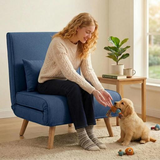 Sofá Cama Individual Plegable con Respaldo Ajustable 5 Posiciones Sillón Cama Tapizado con Cojín 72x75x85 cm Azul [5]