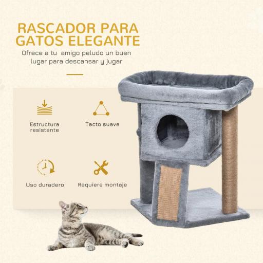 Árbol Rascador para Gatos Pequeños de 57 cm con Poste de Yute Rampa para Rascar Cama y Bola Colgante 40x40x57 cm Gris [2]