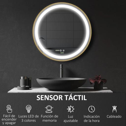 Espejo de Baño con Luz LED Táctil Función de Memoria Brillo y Color Ajustable y Reloj Ø60x4 cm Dorado [2]