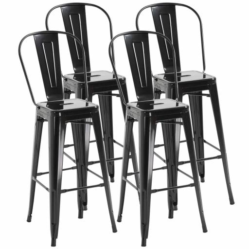 Juego de 4 Taburetes Altos de Cocina de Metal con Respaldo Alto y Reposapiés para Comedor 44x46x116 cm Negro [3]