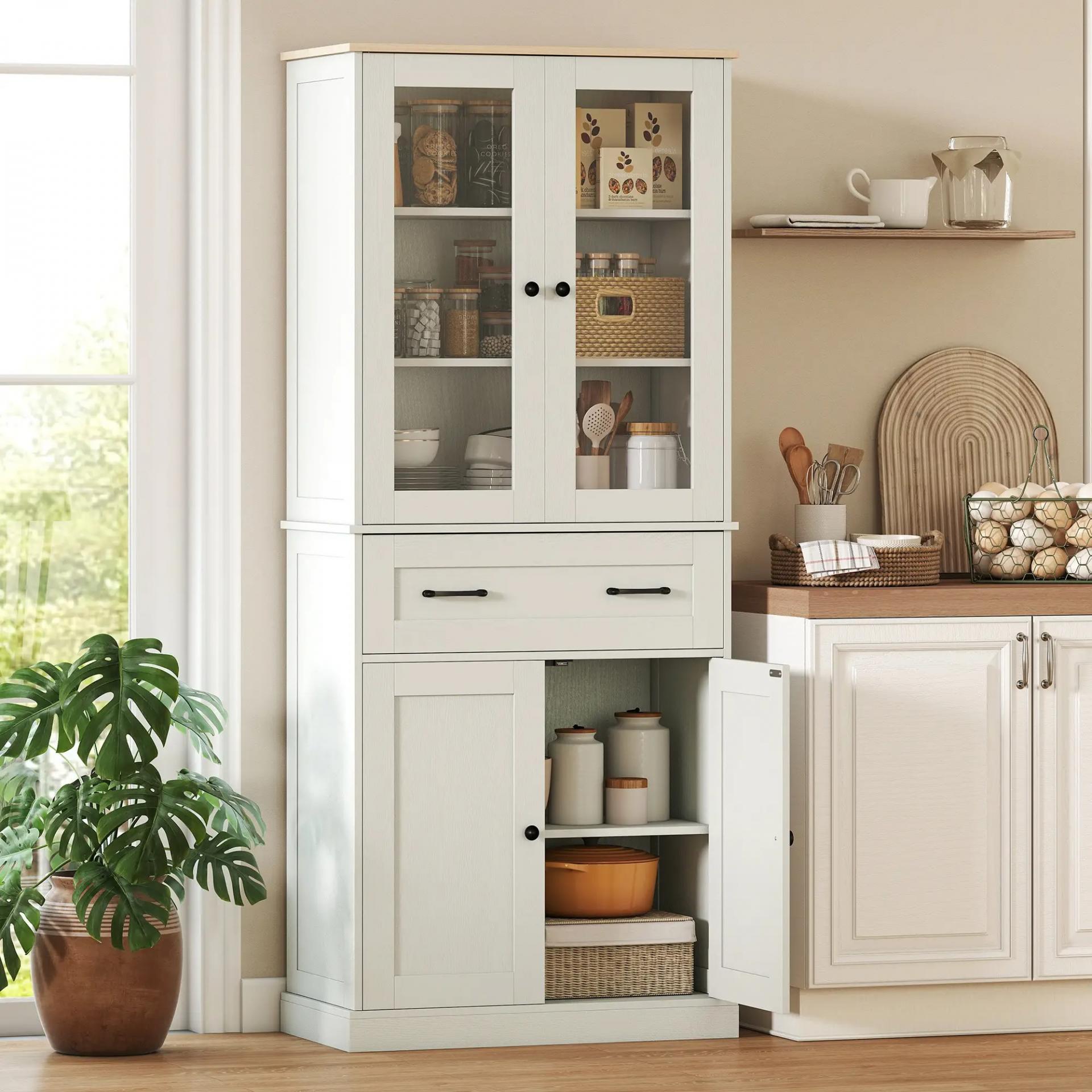 Mueble Auxiliar de Cocina con 2 Puertas de Acrílico Cajón Grande Estantes Ajustables 76x40x182,5 cm Crema
