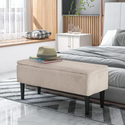 Banco de Pie de Cama Baúl de Almacenaje para Dormitorio con Tapa Abatible y Patas de Madera 95x38x45 cm Crema